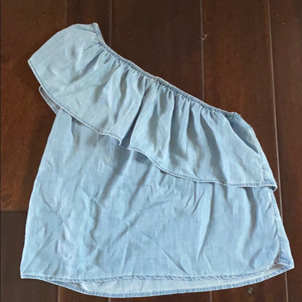 Blue denim one shoulder ruffle shirt